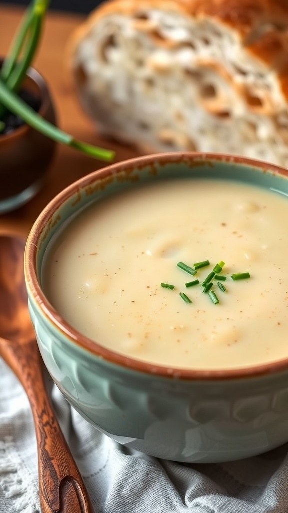 Creamy Five Onion Soup Recipe A creamy bowl of five onion soup garnished with chives, accompanied by crusty bread on a wooden table.